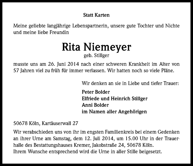  Traueranzeige für Rita Niemeyer vom 05.07.2014 aus Kölner Stadt-Anzeiger / Kölnische Rundschau / Express