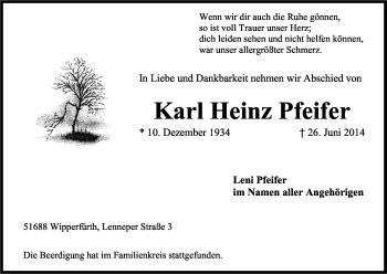Anzeige von Karl Heinz Pfeifer von Kölner Stadt-Anzeiger / Kölnische Rundschau / Express