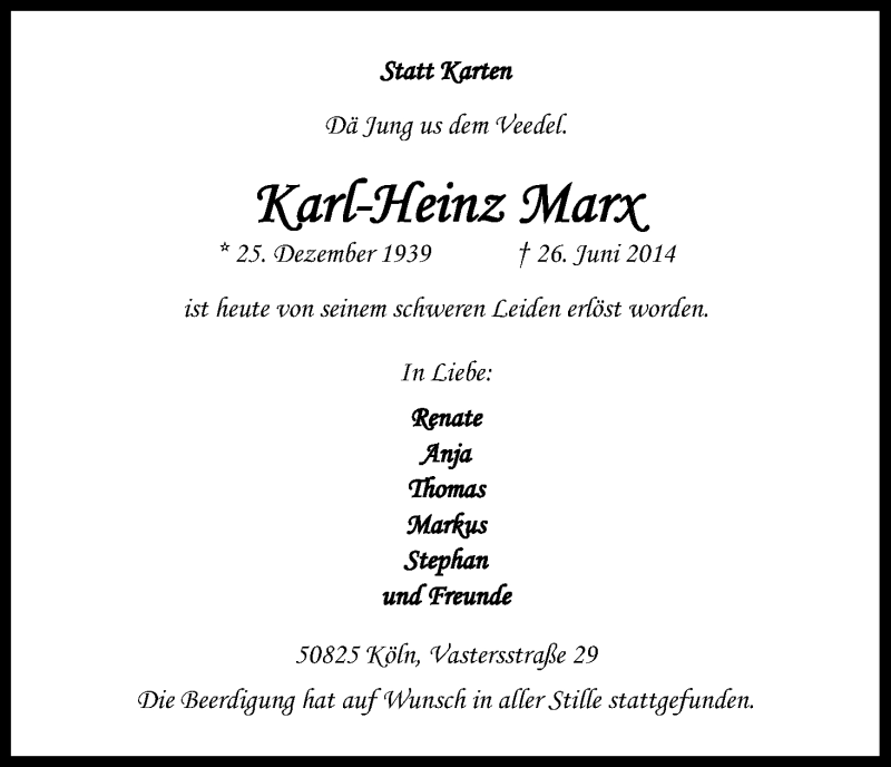  Traueranzeige für Karl-Heinz Marx vom 05.07.2014 aus Kölner Stadt-Anzeiger / Kölnische Rundschau / Express