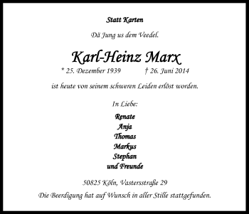Anzeige von Karl-Heinz Marx von Kölner Stadt-Anzeiger / Kölnische Rundschau / Express