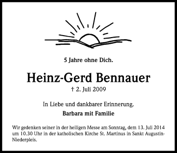 Anzeige von Heinz-Gerd Bennauer von Kölner Stadt-Anzeiger / Kölnische Rundschau / Express