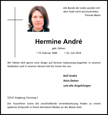Anzeige von Hermine André von Kölner Stadt-Anzeiger / Kölnische Rundschau / Express