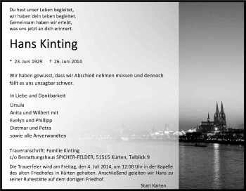 Anzeige von Hans Kinting von Kölner Stadt-Anzeiger / Kölnische Rundschau / Express