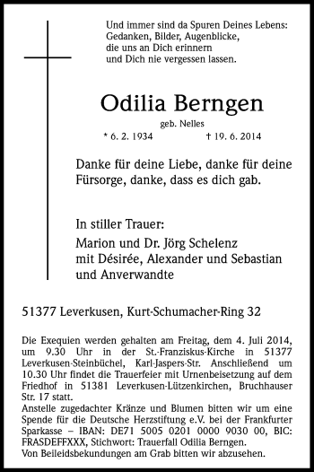Anzeige von Odilia Berngen von Kölner Stadt-Anzeiger / Kölnische Rundschau / Express
