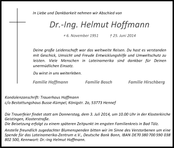 Anzeige von Helmut Hoffmann von Kölner Stadt-Anzeiger / Kölnische Rundschau / Express