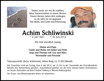 Anzeige von Achim Schliwinski von Kölner Stadt-Anzeiger / Kölnische Rundschau / Express