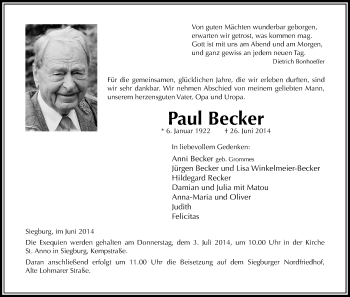 Anzeige von Paul Becker von Kölner Stadt-Anzeiger / Kölnische Rundschau / Express