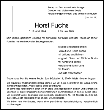 Anzeige von Horst Fuchs von Kölner Stadt-Anzeiger / Kölnische Rundschau / Express
