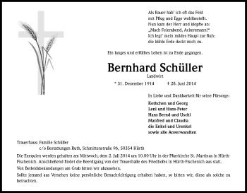 Anzeige von Bernhard Schüller von Kölner Stadt-Anzeiger / Kölnische Rundschau / Express