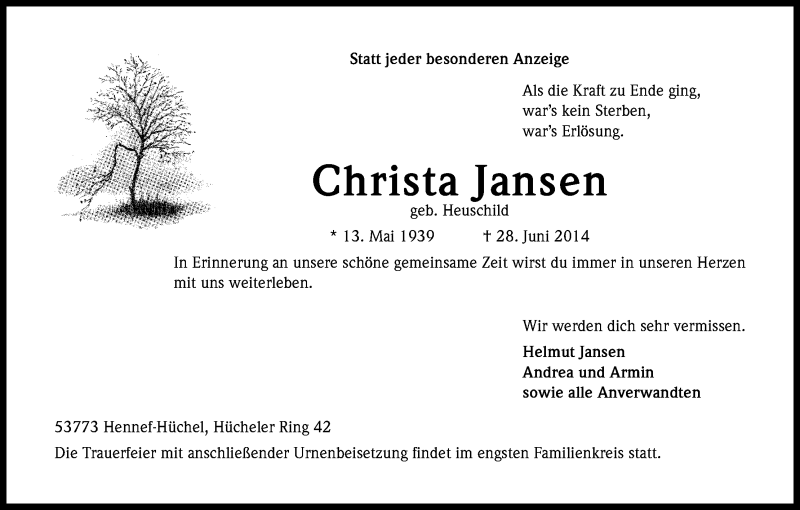  Traueranzeige für Christa Jansen vom 01.07.2014 aus Kölner Stadt-Anzeiger / Kölnische Rundschau / Express