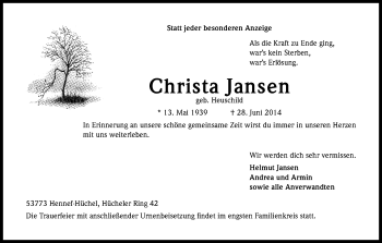 Anzeige von Christa Jansen von Kölner Stadt-Anzeiger / Kölnische Rundschau / Express