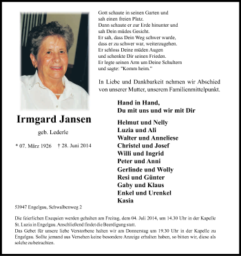 Anzeige von Irmgard Jansen von Kölner Stadt-Anzeiger / Kölnische Rundschau / Express