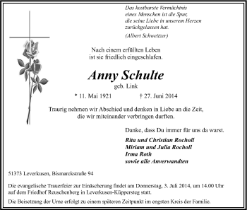 Anzeige von Anny Schulte von Kölner Stadt-Anzeiger / Kölnische Rundschau / Express