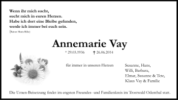 Anzeige von Annemarie Vay von Kölner Stadt-Anzeiger / Kölnische Rundschau / Express