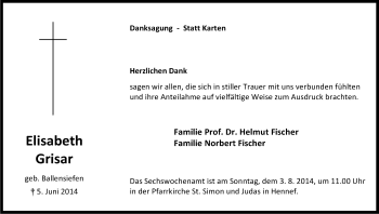 Anzeige von Elisabeth Grisar von Kölner Stadt-Anzeiger / Kölnische Rundschau / Express