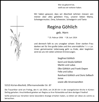 Anzeige von Regina Göhlich von Kölner Stadt-Anzeiger / Kölnische Rundschau / Express