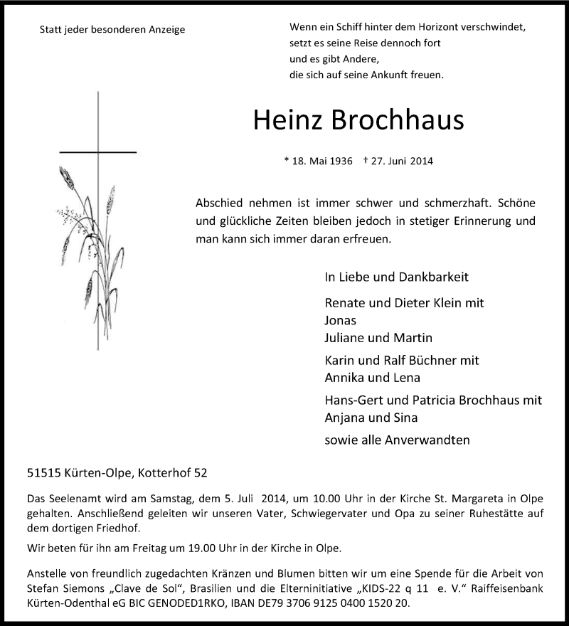  Traueranzeige für Heinz Brochhaus vom 01.07.2014 aus Kölner Stadt-Anzeiger / Kölnische Rundschau / Express