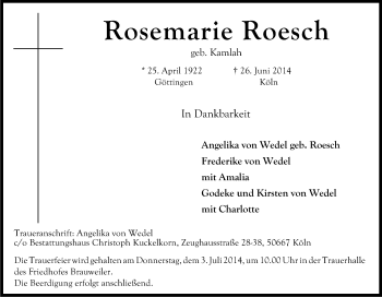 Anzeige von Rosemarie Roesch von Kölner Stadt-Anzeiger / Kölnische Rundschau / Express