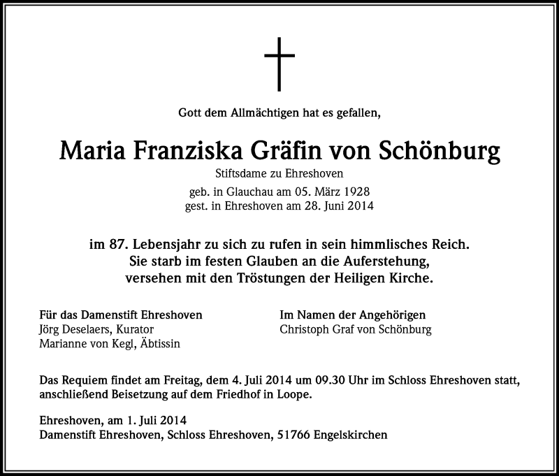 Traueranzeige für Maria Franziska  Gräfin von Schönburg vom 01.07.2014 aus Kölner Stadt-Anzeiger / Kölnische Rundschau / Express