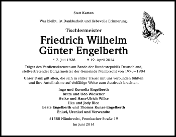 Anzeige von Friedrich Wilhelm Günter Engelberth von Kölner Stadt-Anzeiger / Kölnische Rundschau / Express