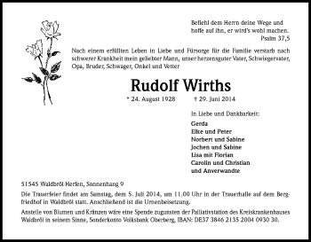 Anzeige von Rudolf Wirths von Kölner Stadt-Anzeiger / Kölnische Rundschau / Express