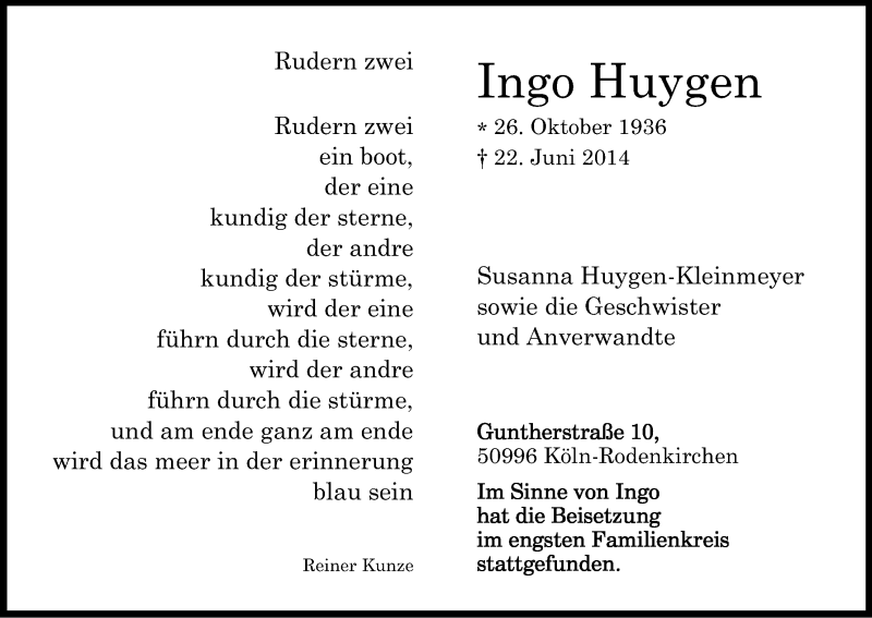  Traueranzeige für Ingo Huygen vom 02.07.2014 aus Kölner Stadt-Anzeiger / Kölnische Rundschau / Express