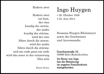 Anzeige von Ingo Huygen von Kölner Stadt-Anzeiger / Kölnische Rundschau / Express