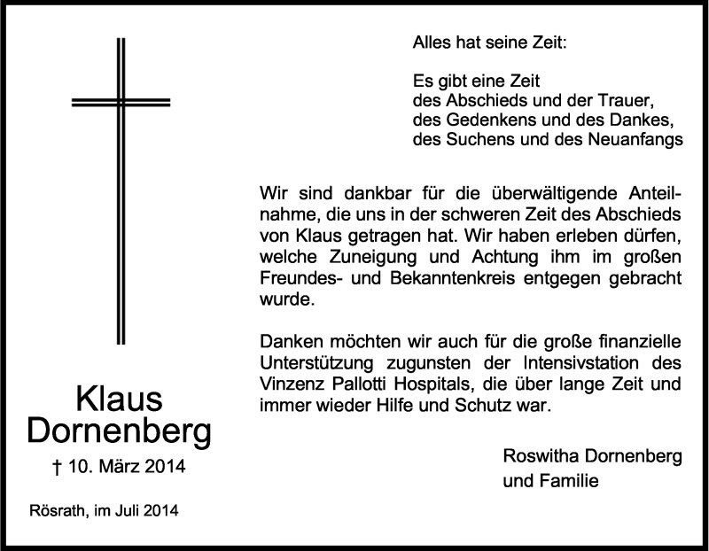  Traueranzeige für Klaus Dornenberg vom 02.07.2014 aus Kölner Stadt-Anzeiger / Kölnische Rundschau / Express