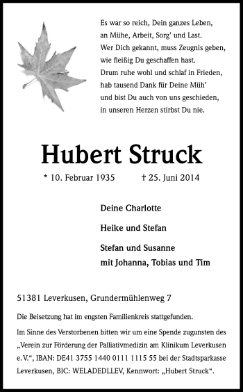 Anzeige von Hubert Struck von Kölner Stadt-Anzeiger / Kölnische Rundschau / Express