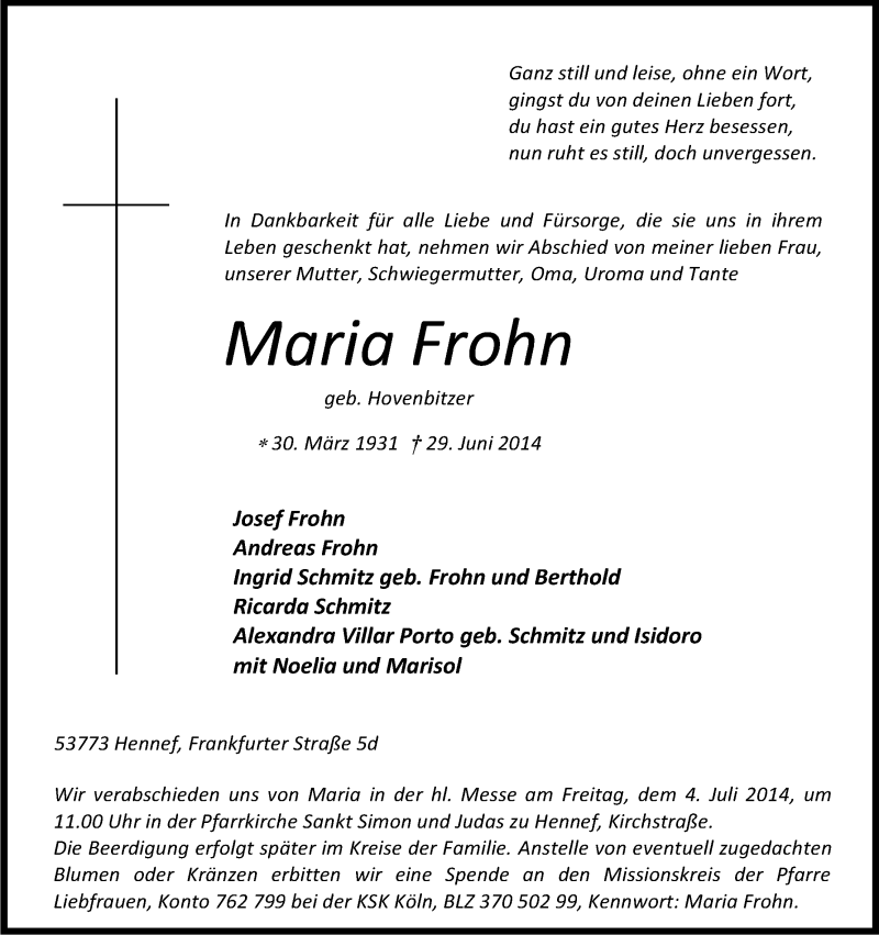  Traueranzeige für Maria Frohn vom 01.07.2014 aus Kölner Stadt-Anzeiger / Kölnische Rundschau / Express
