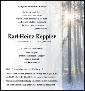 Anzeige von Karl-Heinz Keppler von Kölner Stadt-Anzeiger / Kölnische Rundschau / Express