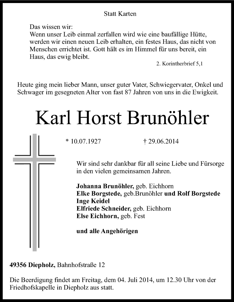  Traueranzeige für Karl Horst Brunöhler vom 01.07.2014 aus Kölner Stadt-Anzeiger / Kölnische Rundschau / Express