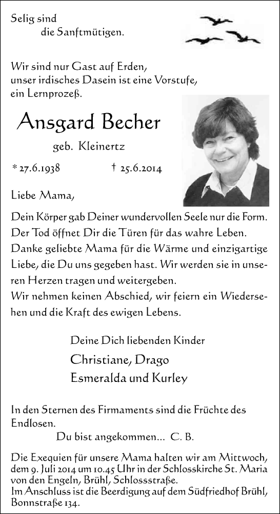  Traueranzeige für Ansgard Becher vom 02.07.2014 aus Kölner Stadt-Anzeiger / Kölnische Rundschau / Express