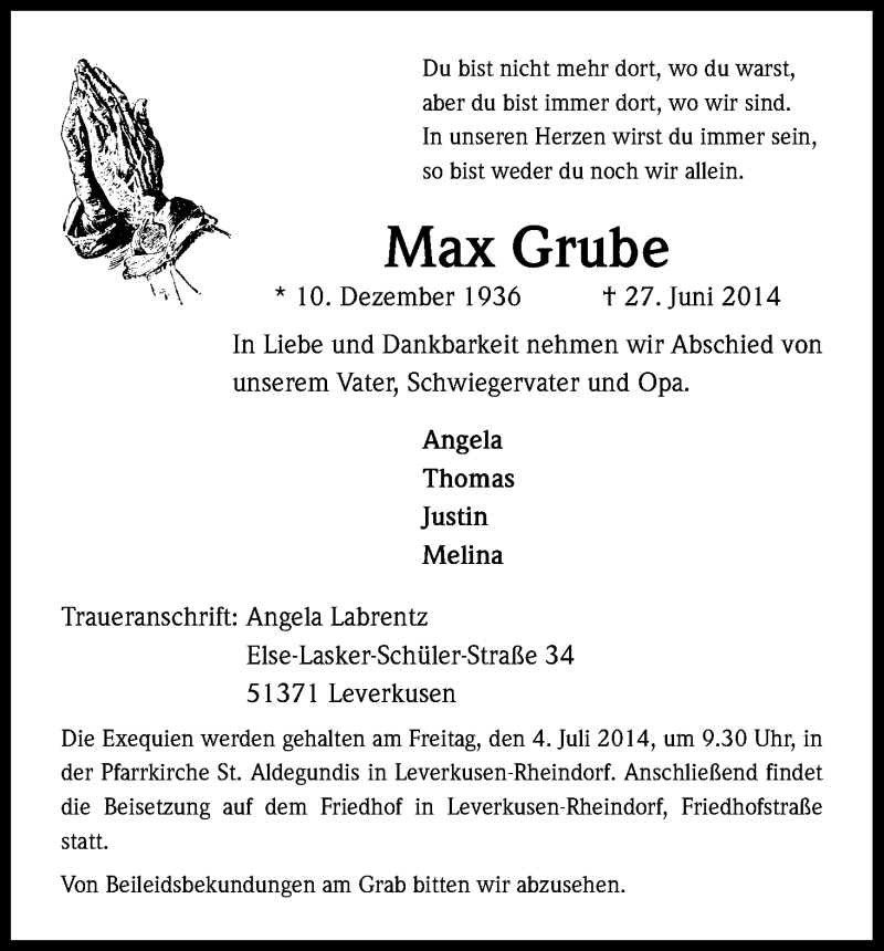 Traueranzeige für Max Grube vom 02.07.2014 aus Kölner Stadt-Anzeiger / Kölnische Rundschau / Express