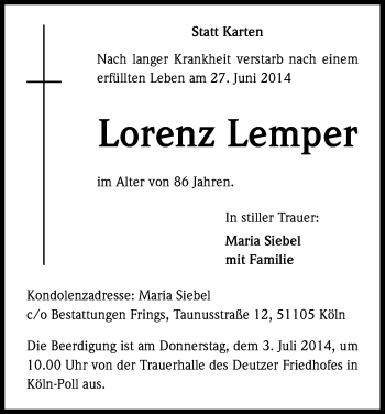 Anzeige von Lorenz  Lemper von Kölner Stadt-Anzeiger / Kölnische Rundschau / Express