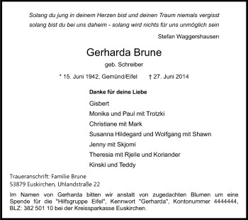 Anzeige von Gerharda Brune von Kölner Stadt-Anzeiger / Kölnische Rundschau / Express