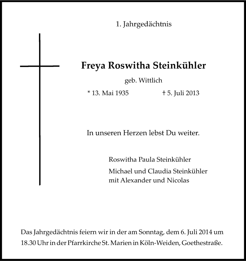  Traueranzeige für Freya Roswitha Steinkühler vom 05.07.2014 aus Kölner Stadt-Anzeiger / Kölnische Rundschau / Express