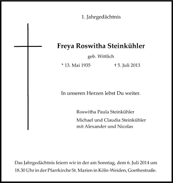 Anzeige von Freya Roswitha Steinkühler von Kölner Stadt-Anzeiger / Kölnische Rundschau / Express