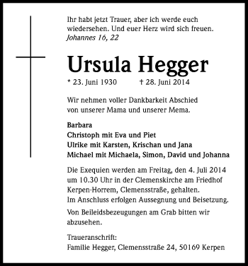 Anzeige von Ursula Hegger von Kölner Stadt-Anzeiger / Kölnische Rundschau / Express