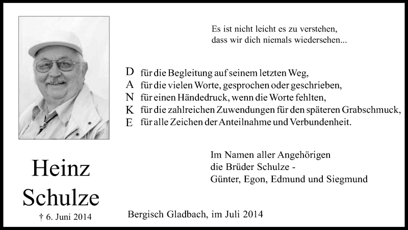  Traueranzeige für Heinz Schulze vom 02.07.2014 aus Kölner Stadt-Anzeiger / Kölnische Rundschau / Express