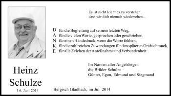 Anzeige von Heinz Schulze von Kölner Stadt-Anzeiger / Kölnische Rundschau / Express