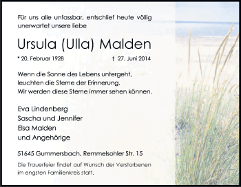 Anzeige von Ursula Malden von Kölner Stadt-Anzeiger / Kölnische Rundschau / Express