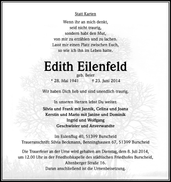Anzeige von Edith Eilenfeld von Kölner Stadt-Anzeiger / Kölnische Rundschau / Express