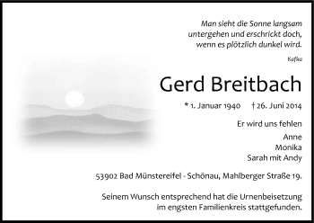 Anzeige von Gerd Breitbach von Kölner Stadt-Anzeiger / Kölnische Rundschau / Express