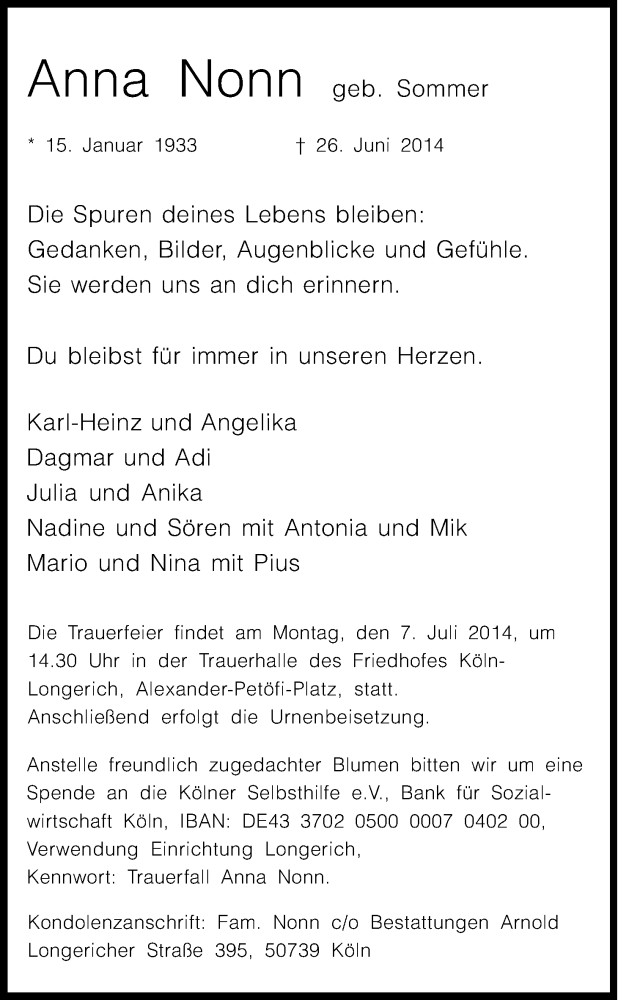  Traueranzeige für Anna Nonn vom 02.07.2014 aus Kölner Stadt-Anzeiger / Kölnische Rundschau / Express