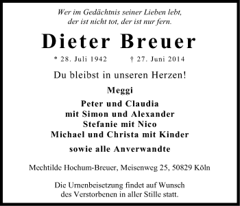 Anzeige von Dieter Breuer von Kölner Stadt-Anzeiger / Kölnische Rundschau / Express
