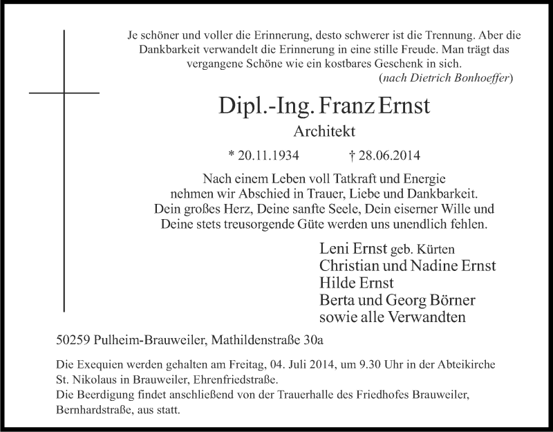 Traueranzeige für Franz Ernst vom 02.07.2014 aus Kölner Stadt-Anzeiger / Kölnische Rundschau / Express