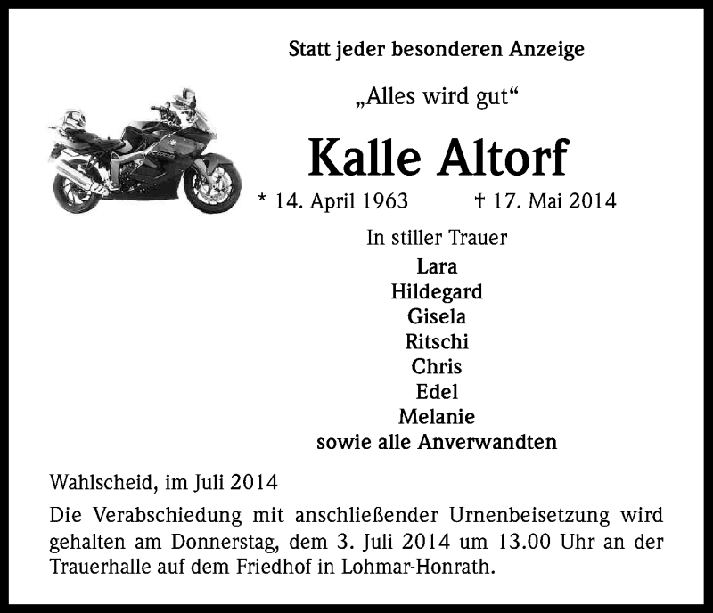  Traueranzeige für Kalle Altorf vom 02.07.2014 aus Kölner Stadt-Anzeiger / Kölnische Rundschau / Express