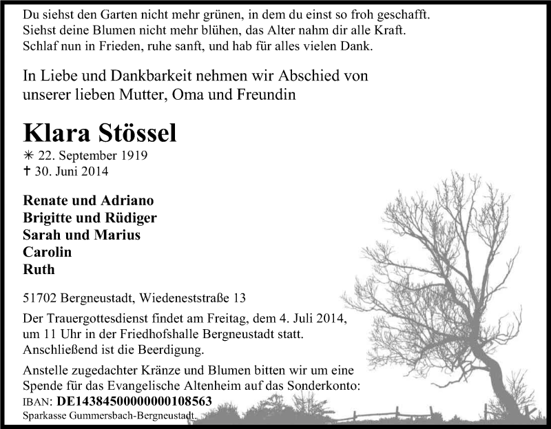  Traueranzeige für Klara Stössel vom 02.07.2014 aus Kölner Stadt-Anzeiger / Kölnische Rundschau / Express