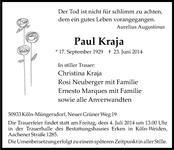 Anzeige von Paul  Kraja von Kölner Stadt-Anzeiger / Kölnische Rundschau / Express